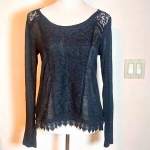 EYESHADOW SIZE M BLACK SHEER KNIT WITH LACE TRIM LONG SLEEVE TOP
